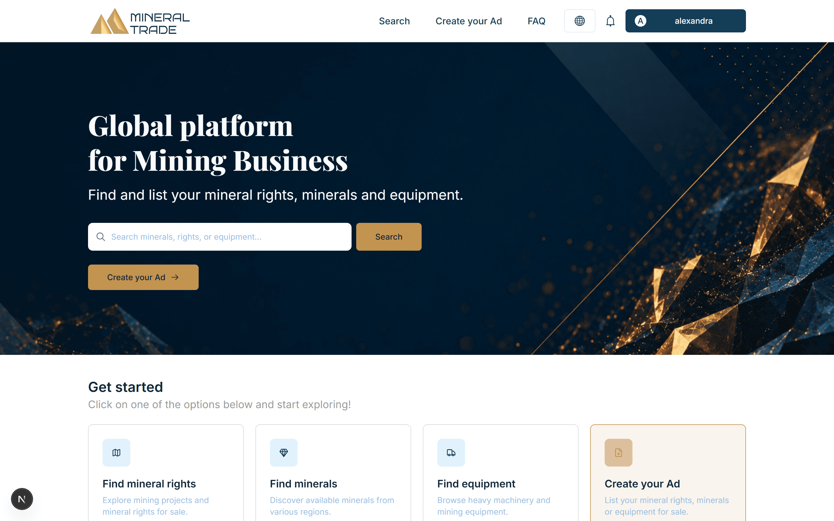 Mineral Trade home screen